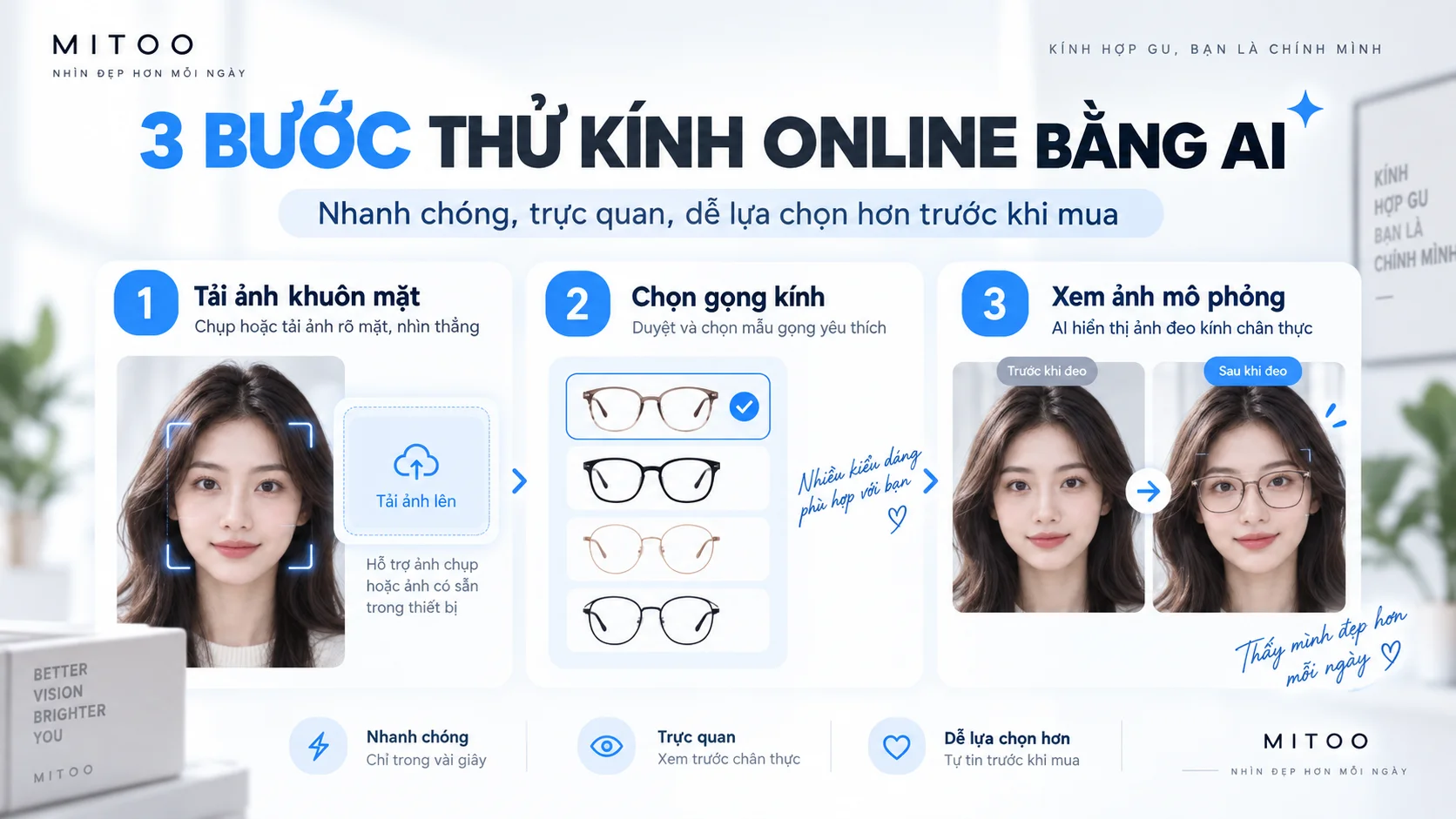 Hướng dẫn 3 bước thử kính online bằng AI trên khuôn mặt tại MITOO