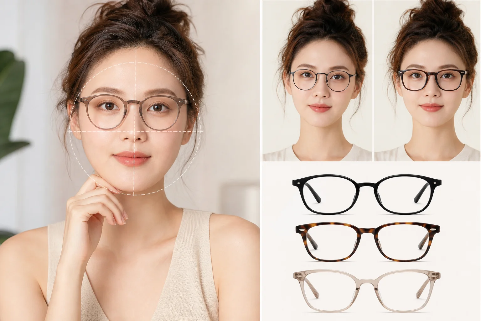 Các kiểu gọng kính vuông, mắt mèo và Panto phù hợp để tham khảo cho khuôn mặt tròn