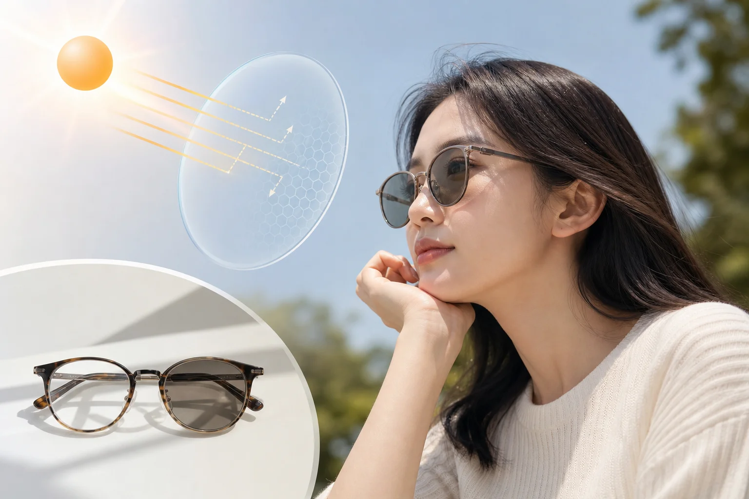 Người đeo kính đổi màu ngoài nắng, tròng sẫm màu khi gặp tia UV