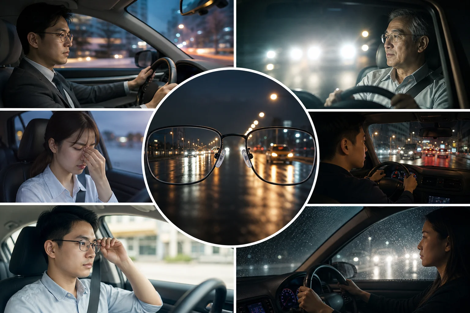 Người lái xe trong nhiều tình huống ban đêm và trời mưa
