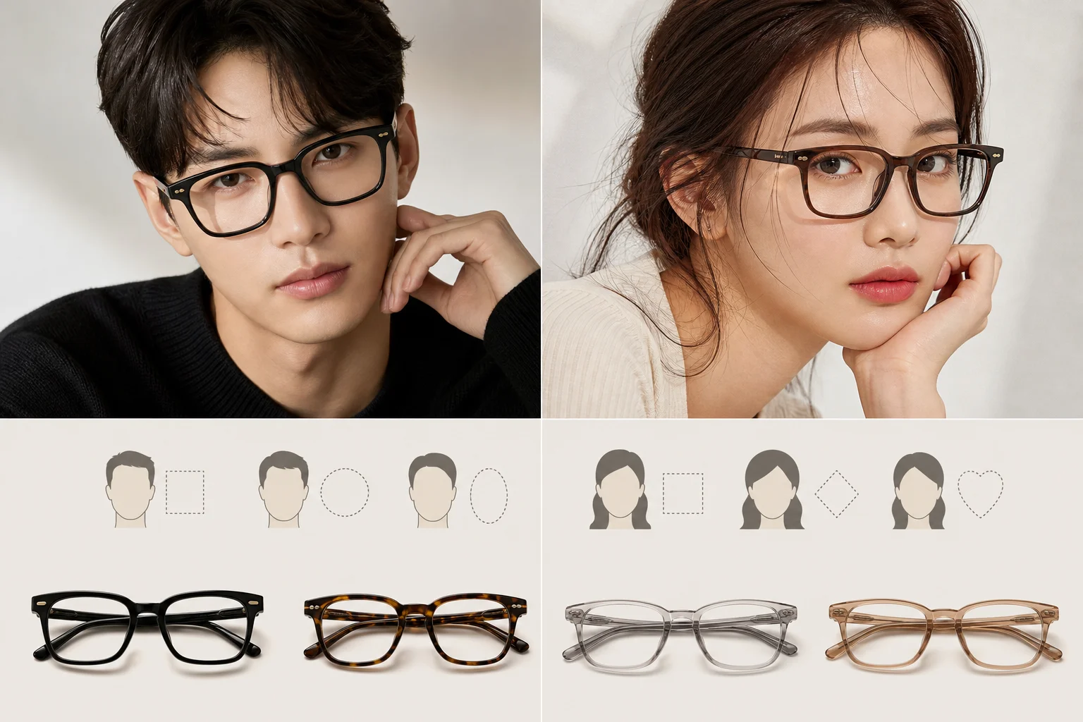 Người nam và nữ đeo gọng kính vuông cùng các mẫu gọng đen, nâu, xám