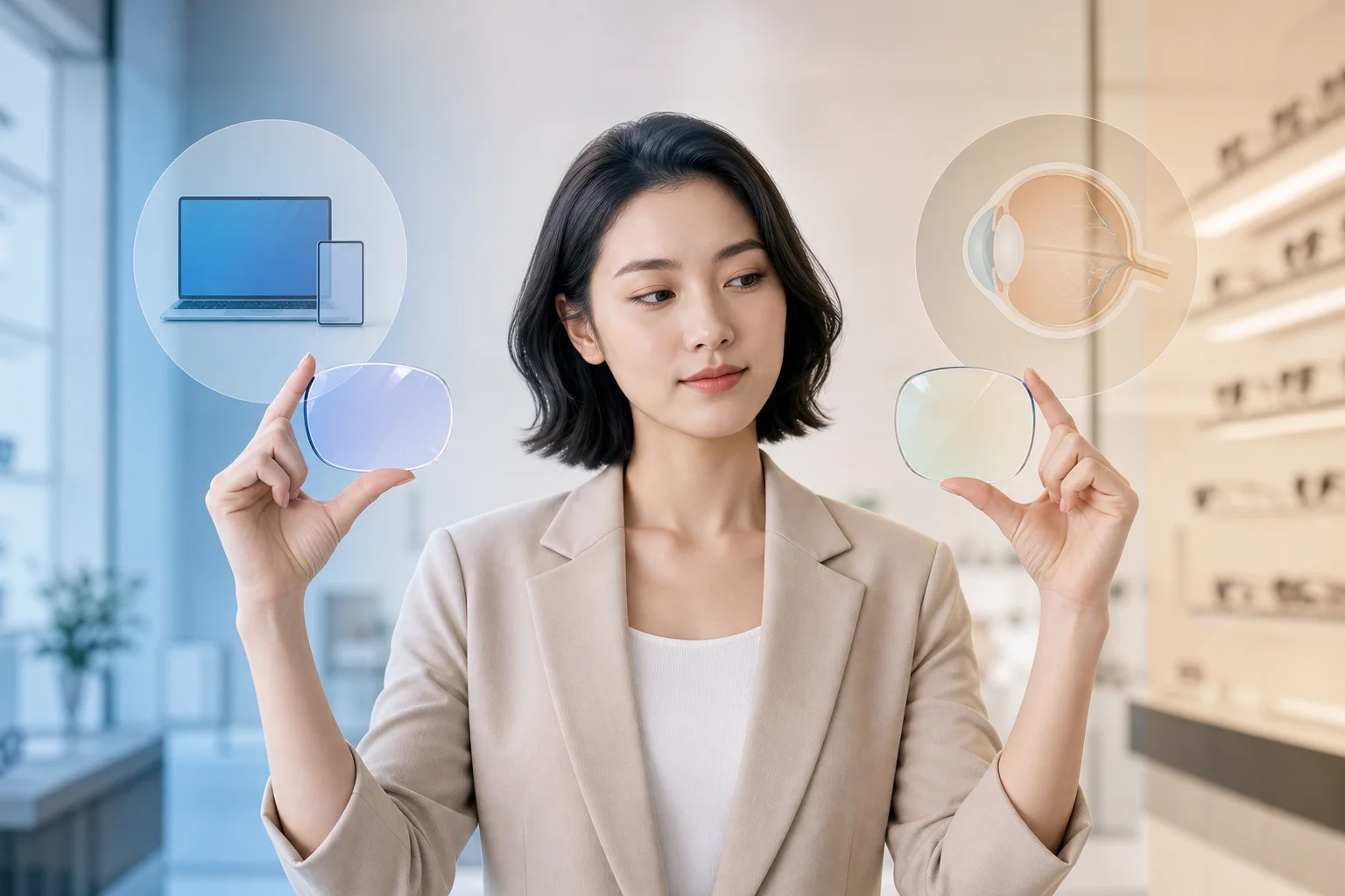 Người cầm hai mẫu tròng kính để so sánh thông số