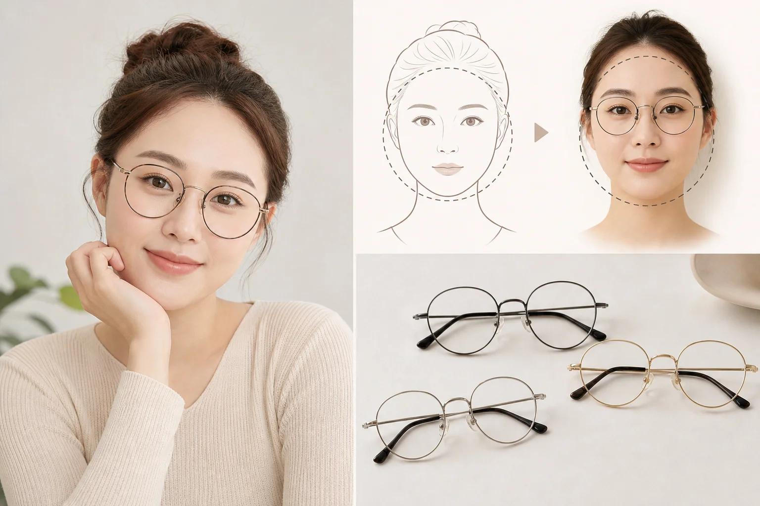 Người đeo gọng kính tròn cùng hình minh họa tỷ lệ khuôn mặt và các mẫu gọng tròn