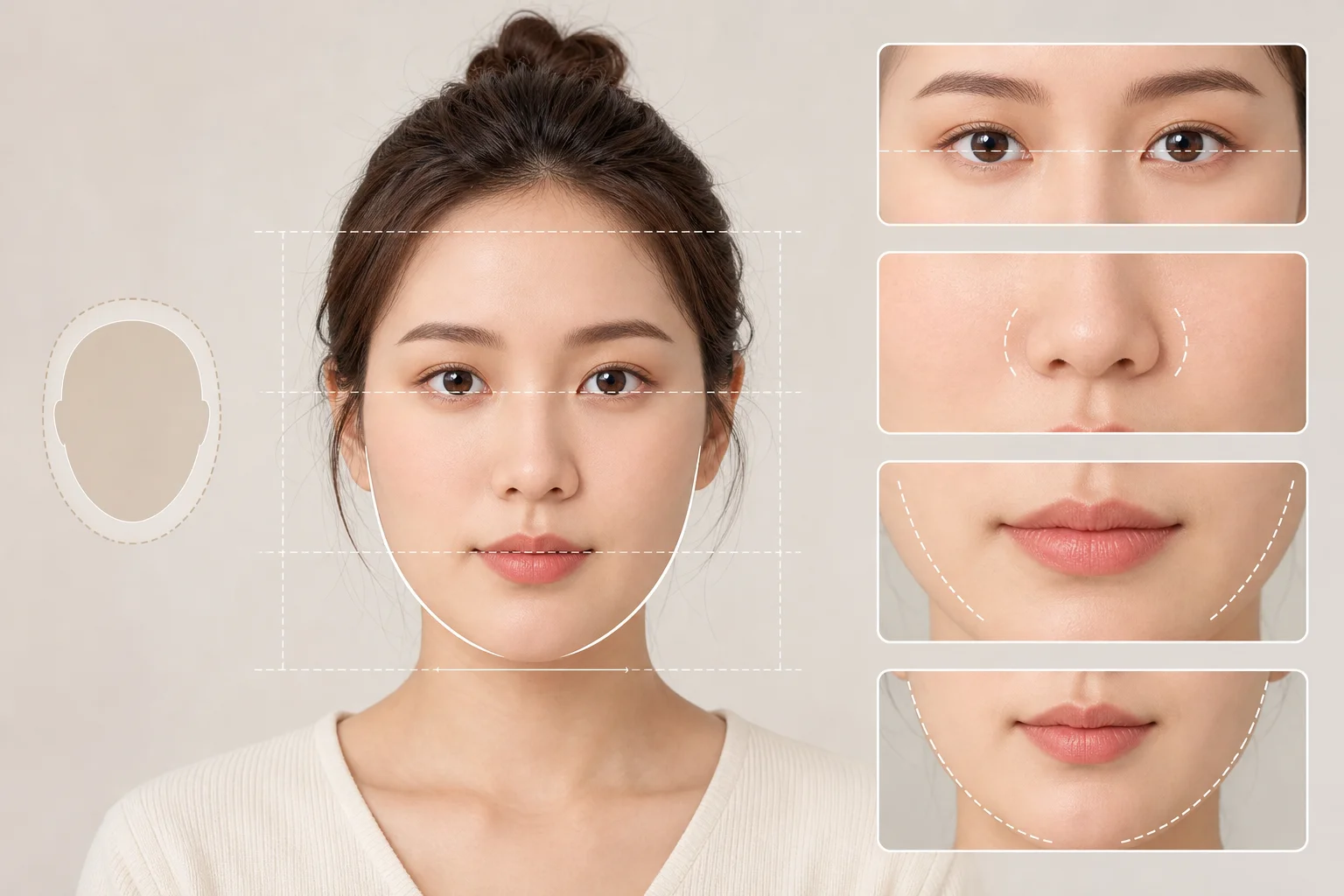 Khuôn mặt đầy đặn với các đường quan sát tỷ lệ mắt, mũi và đường hàm