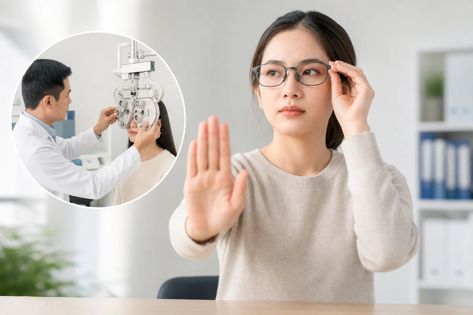 Người đeo kính giơ tay ra hiệu dừng và hình đo mắt tại cửa hàng